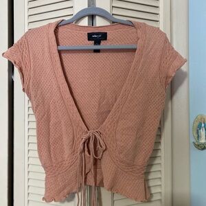 Allegra K Pink Cap Sleeve Tie Front Ribbed Blouse